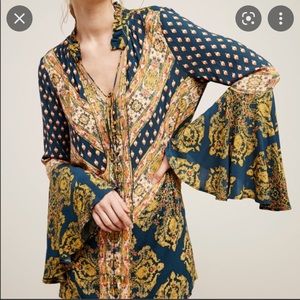 Free People Magic Mystery blouse Dress Top navy paisley floral boho SZ XS